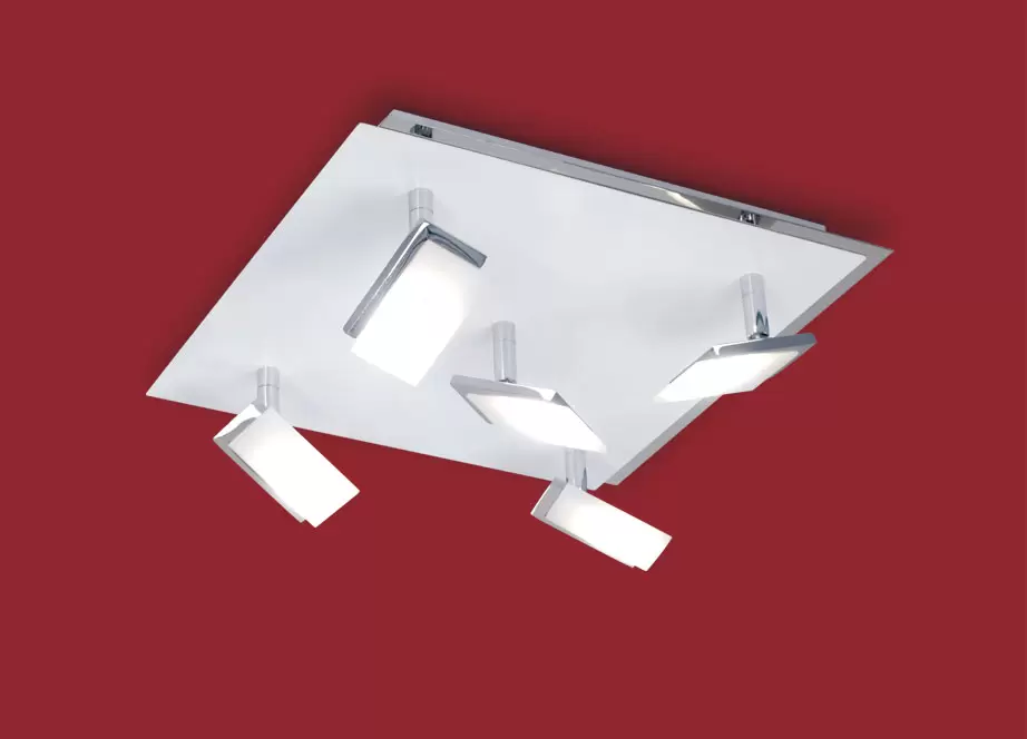 El plafón Rayo es una lámpara de cinco luces, disponible en color cromo con blanco, o negro con bronce. Adaptable a todo tipo de ambiente