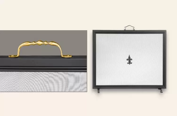 El chispero Romano es un accesorio de calefacción fabricado en hierro, con malla de acero, disponible en color negro-bronce y tres tamaños.