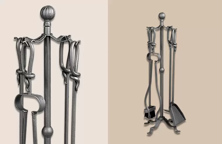 El Set para Hogares Romano es un set de herramientas para el uso de leñeros y hogares fabricado en hierro, disponible en gris y dos tamaños.