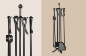 El Set para Hogares Minimalista es un set de herramientas para el uso de leñeros y hogares fabricado en hierro, de cuatro piezas y dos tamaños.