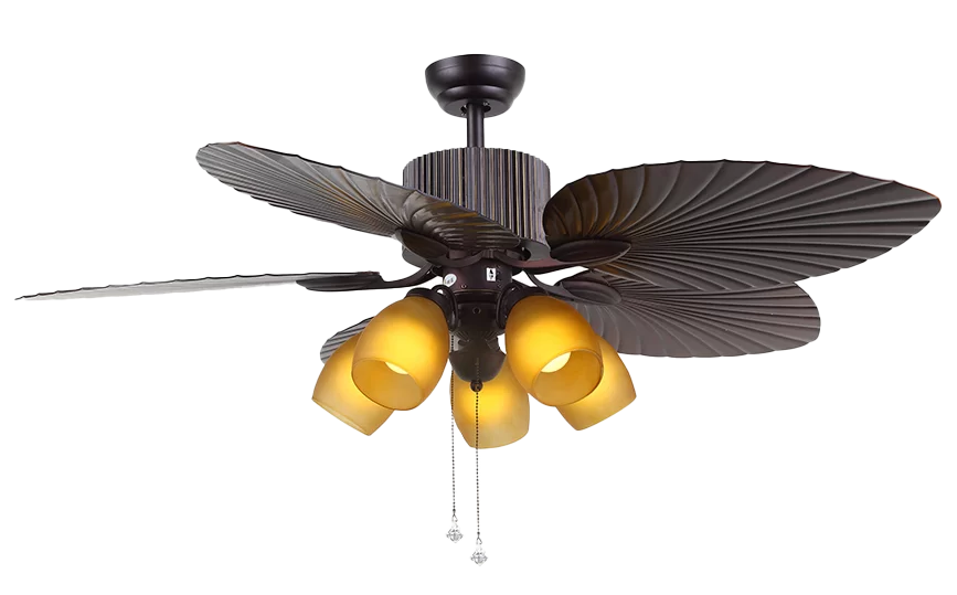 Ventilador de techo 429C. Artefacto decorativo de cinco luces, con cuatro aspas fijas y de estilo moderno. Disponible en color marrón.