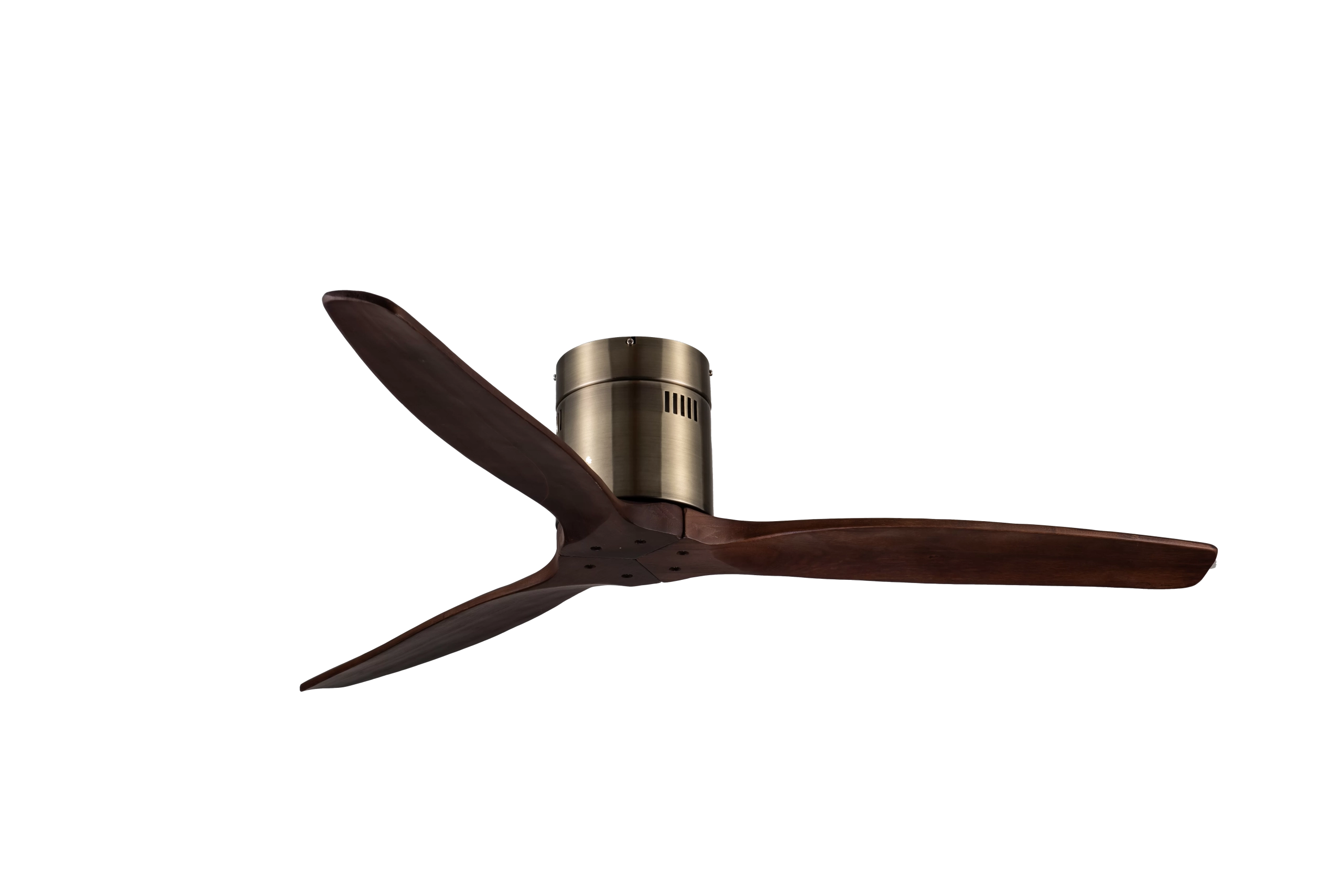 Ventilador de techo 530A. Artefacto con estructura de metal y 3 aspas fijas de madera. Incluye función invierno con control remoto y 6 velocidades.