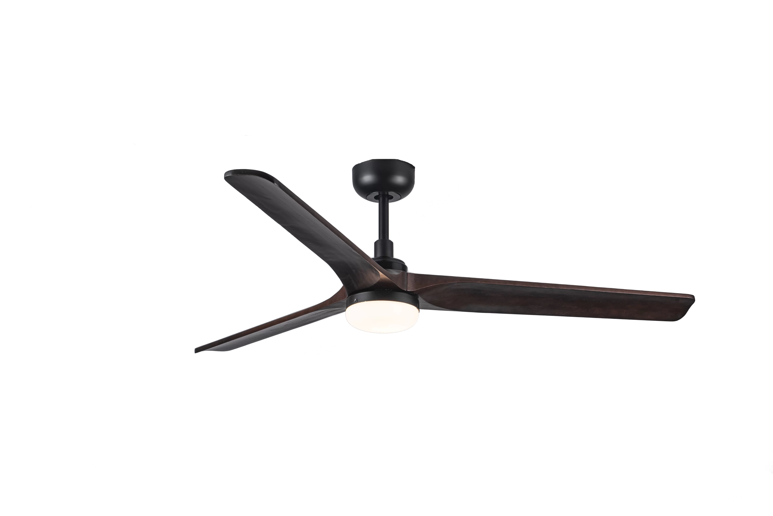 Ventilador de techo 530B. Artefacto fabricado en metal y acrílico, con 3 aspas. Función invierno y control remoto. Disponible en color negro con madera