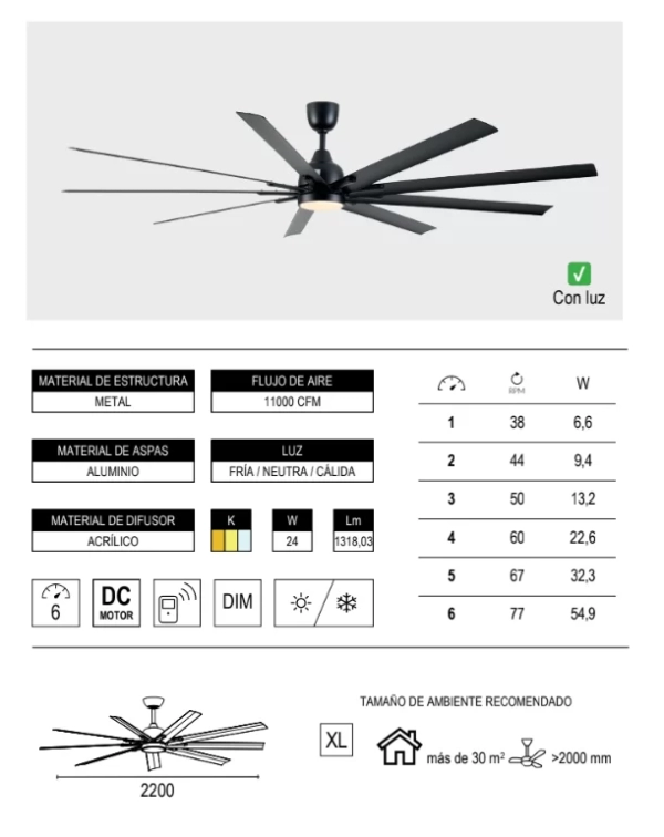 Ventilador de techo 530NB. Artefacto decorativo de 9 aspas fijas, fabricado en metal y acrílico, con función invierno y control remoto. Disponible en color negro. 