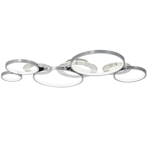 Plafón Simona Quíntuple. Luminaria de diseño de cinco luces, de estilo moderno, con LED integrado 3000k y disponible únicamente color cromo.