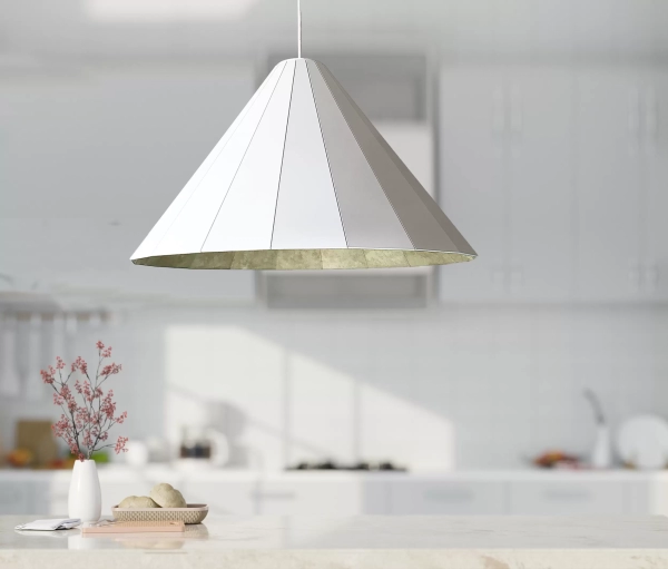 Colgante Maja. Luminaria de diseño plegable realizada en placas laqueadas, de estilo moderno. Disponible en color mostaza, blanco y negro.