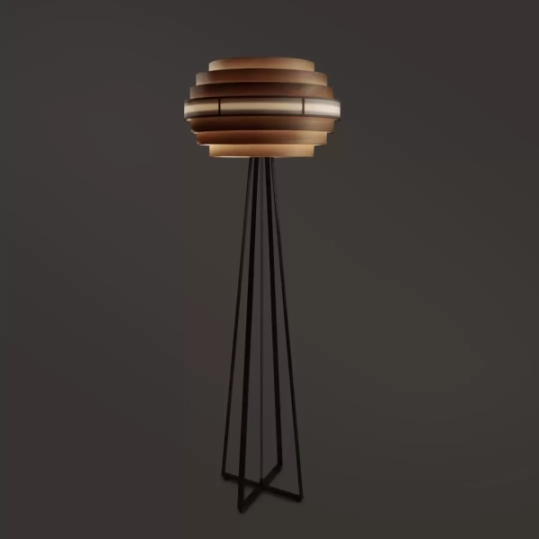 Lámpara de pie Cuatrípode Aros Madera. Lámpara de piso fabricada con cuerpo de hierro patinado y pantalla de aros de madera de Guatambú.