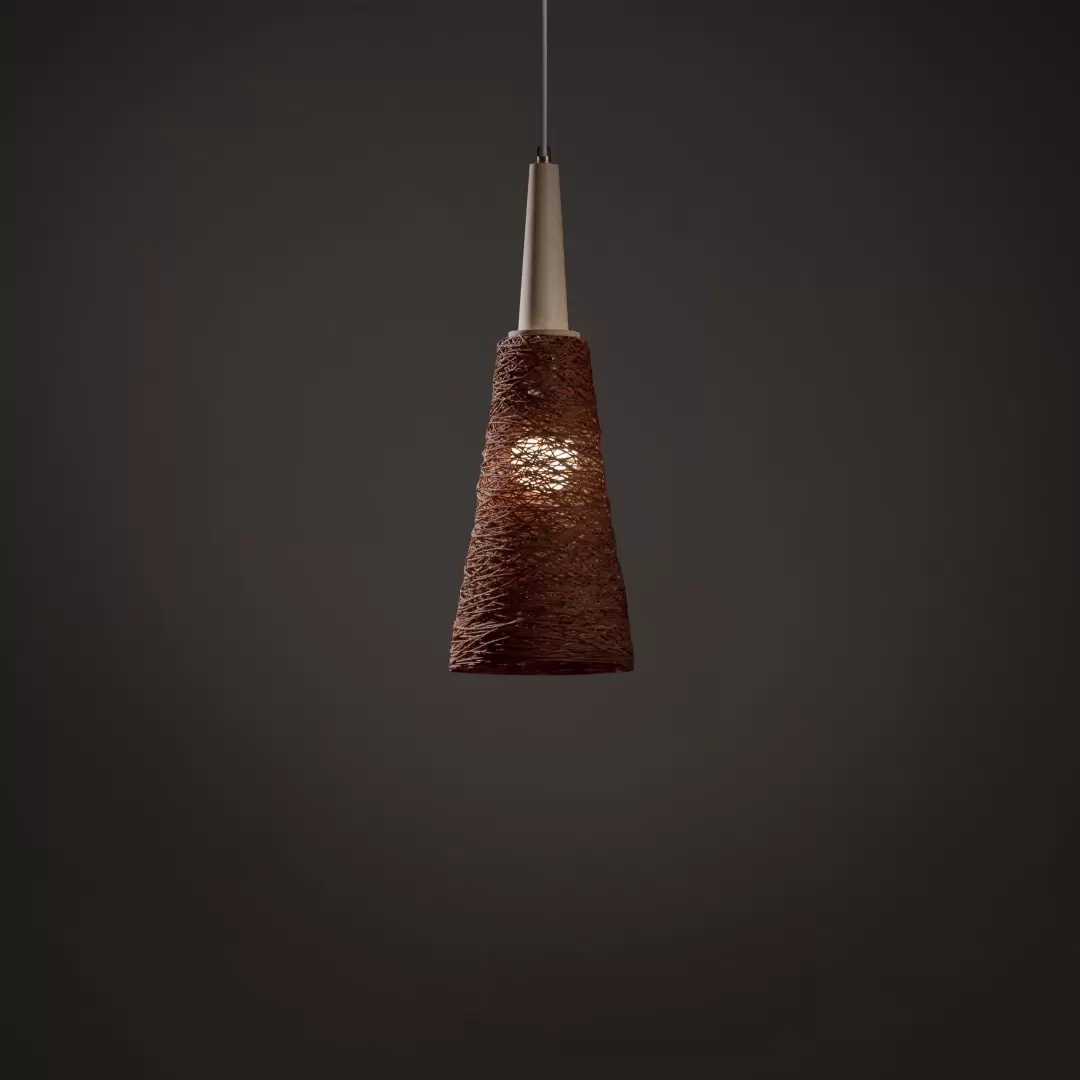 Colgante Cucurucha Hilo. Lámpara completamente artesanal hecha de fibra de algodón resinada con cono de madera Guatambú. Color: marrón.