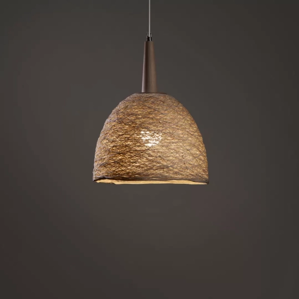 Colgante Campanula. Lámpara completamente artesanal hecha de fibra de algodón resinada con cono de madera Guatambú torneada.