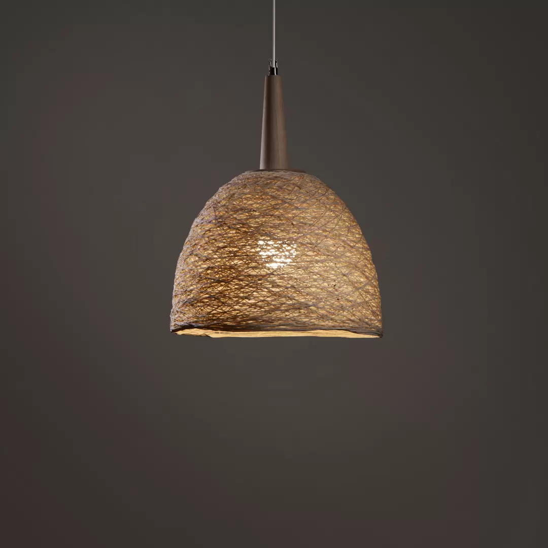 Colgante Campanula. Lámpara completamente artesanal hecha de fibra de algodón resinada con cono de madera Guatambú torneada.