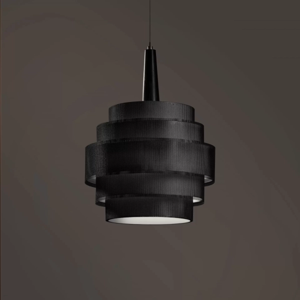Colgante Cinco Aros Trama. Lámpara realizada artesanalmente. Compuesta por cinco aros concéntricos revestidos en tela plástica microperforada