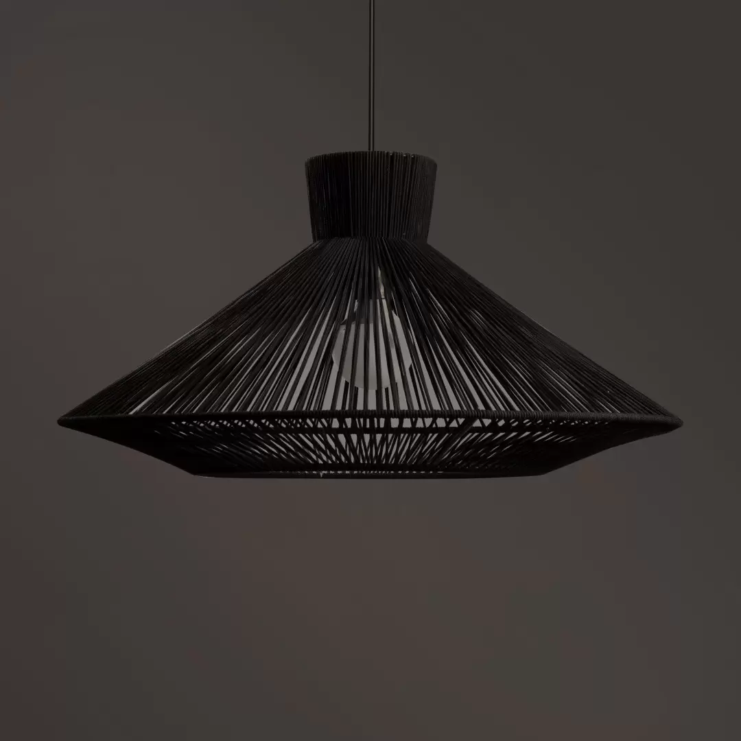 Colgante Ovna Soga. Lampara colgante confeccionada en estructura de metal tejida en sogas de yute o hilo. Disponible el color negro, yute y blanco.