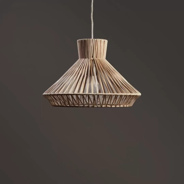 Colgante Tajina. Lampara colgante confeccionada en estructura de metal con cuerpo de yute o hilo tejido. Disponible en S y L. Únicamente color CRUDO.