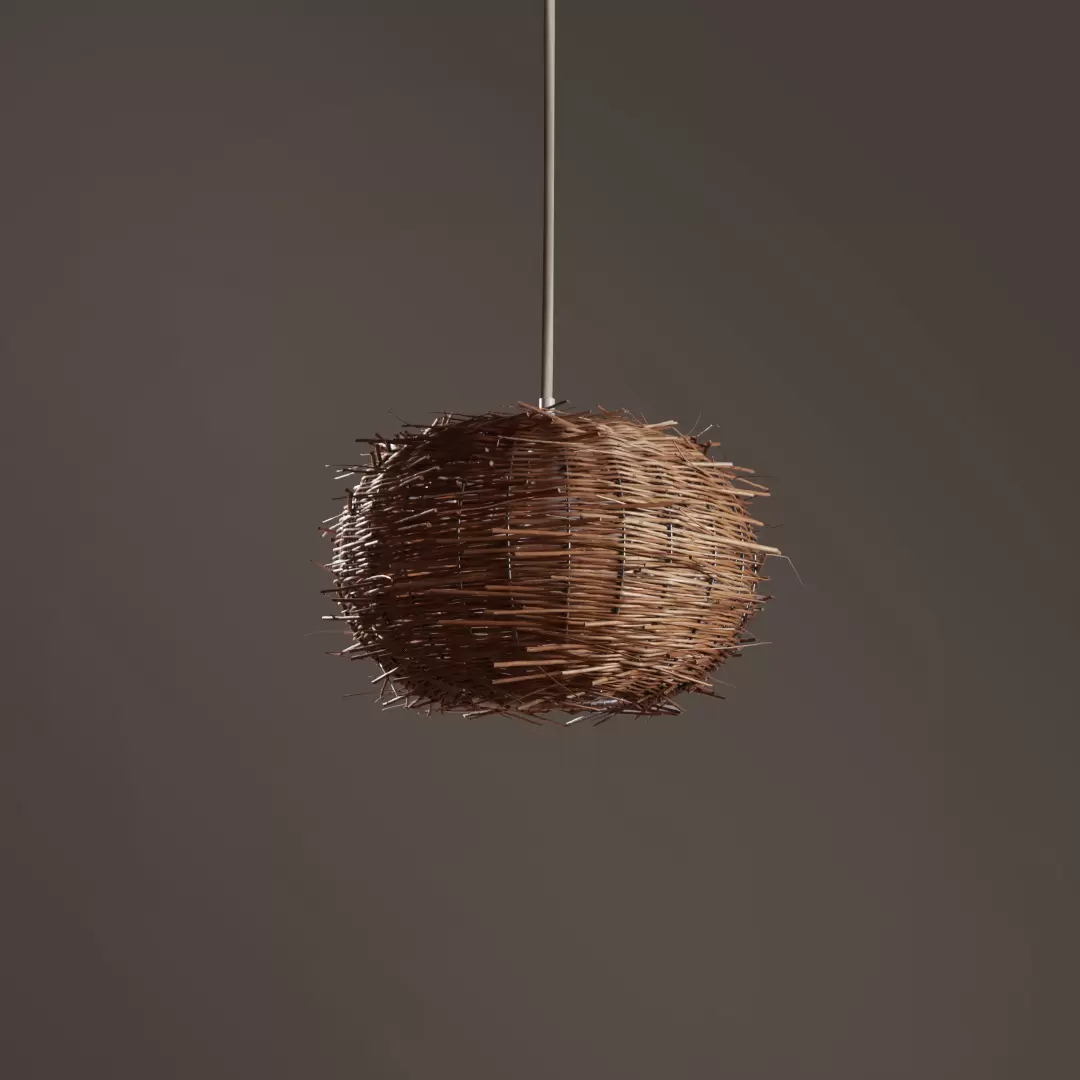 Colgante Nesta. Lámpara confeccionada artesanalmente, de estilo rústico. Estructura metálica tejida en mimbre colorado. Disponible en 6 tamaños distintos.